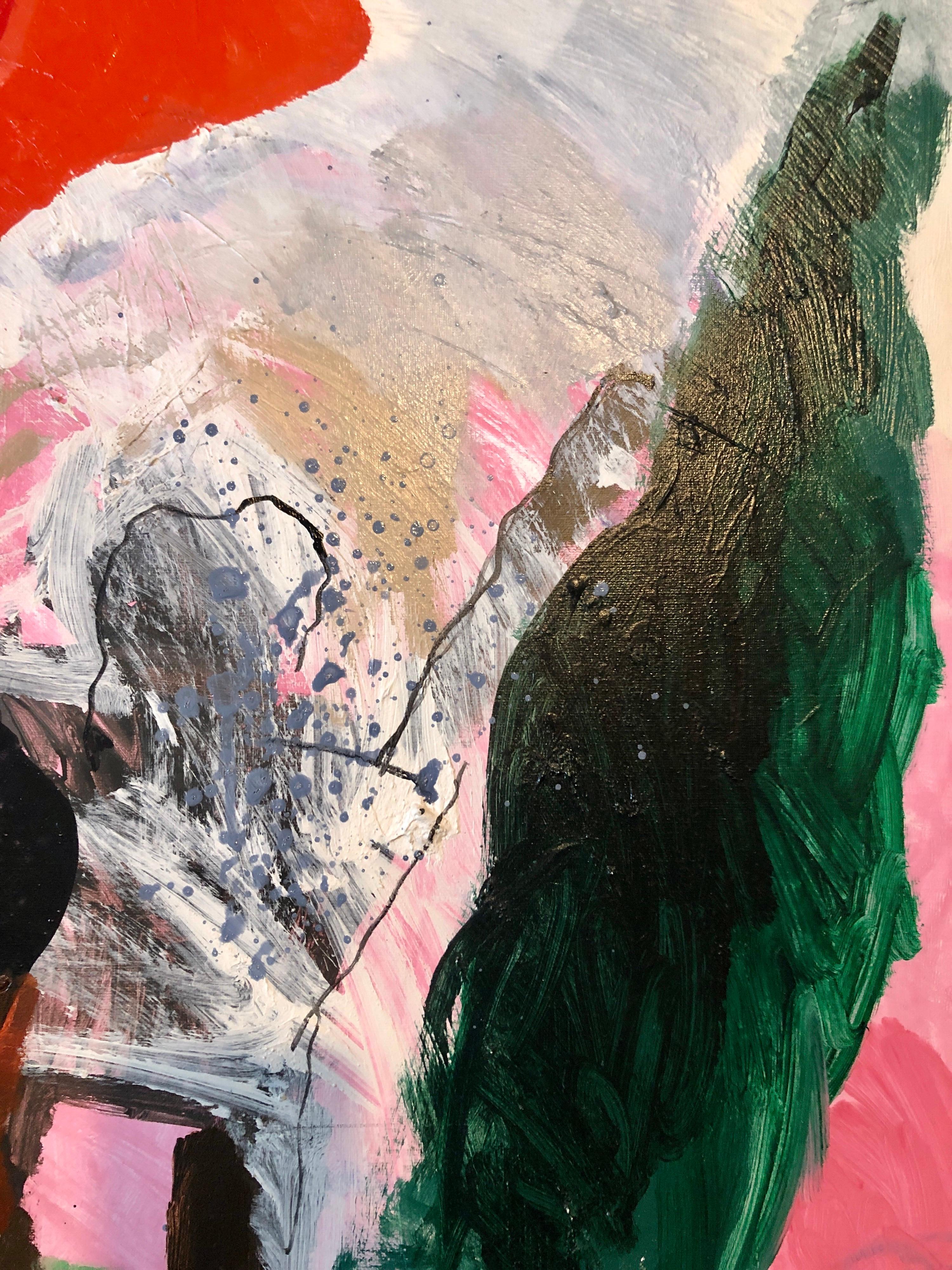 Gran pintura al óleo original abstracta y colorida Paisaje kibbutz israelí Shemi - Abstract Painting Gris de Calman Shemi