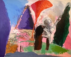 Gran pintura al óleo original abstracta y colorida Paisaje kibbutz israelí Shemi