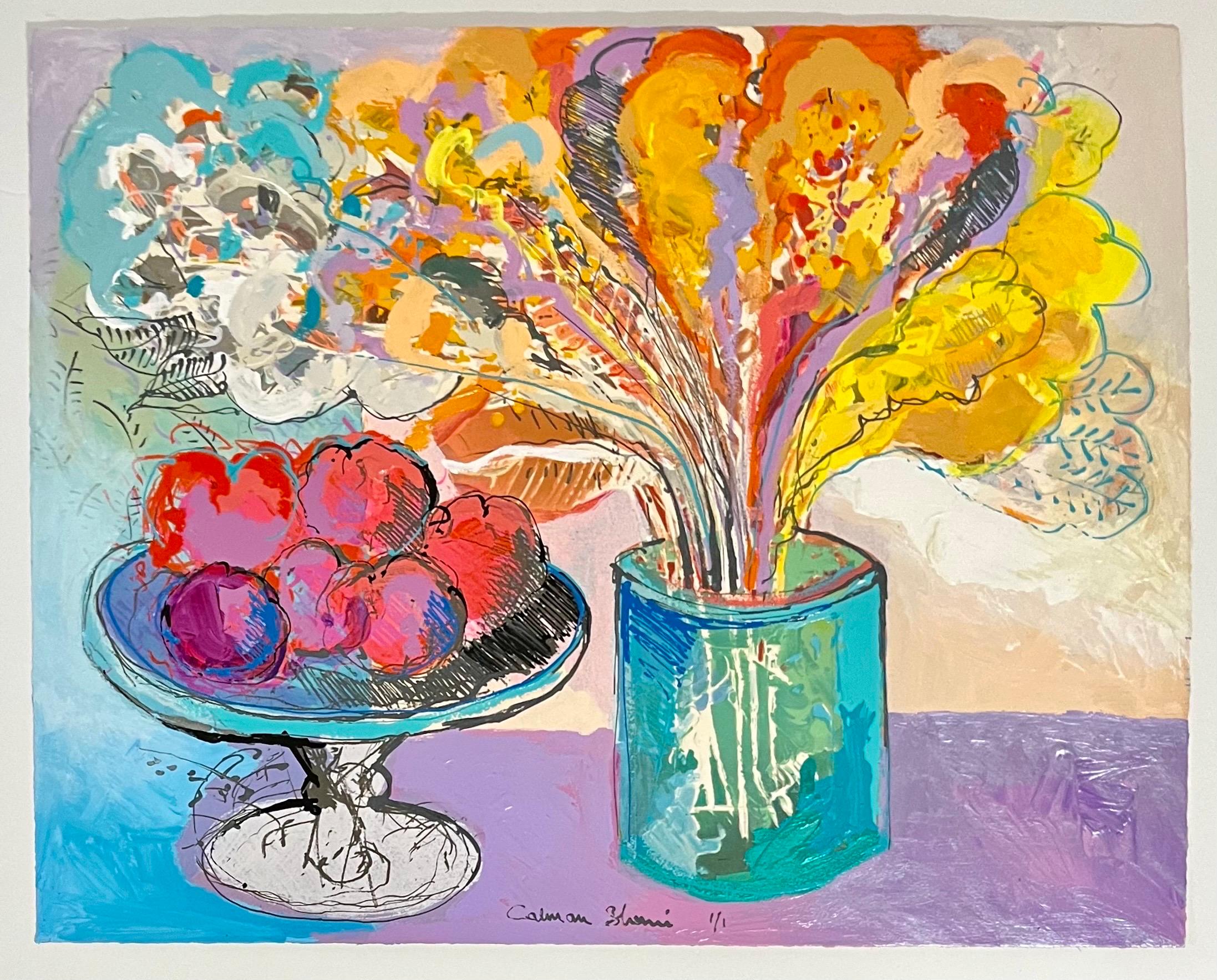 Único bodegón israelí modernista Pintura monoprint Calman Shemi Jarrón Flores en venta 1