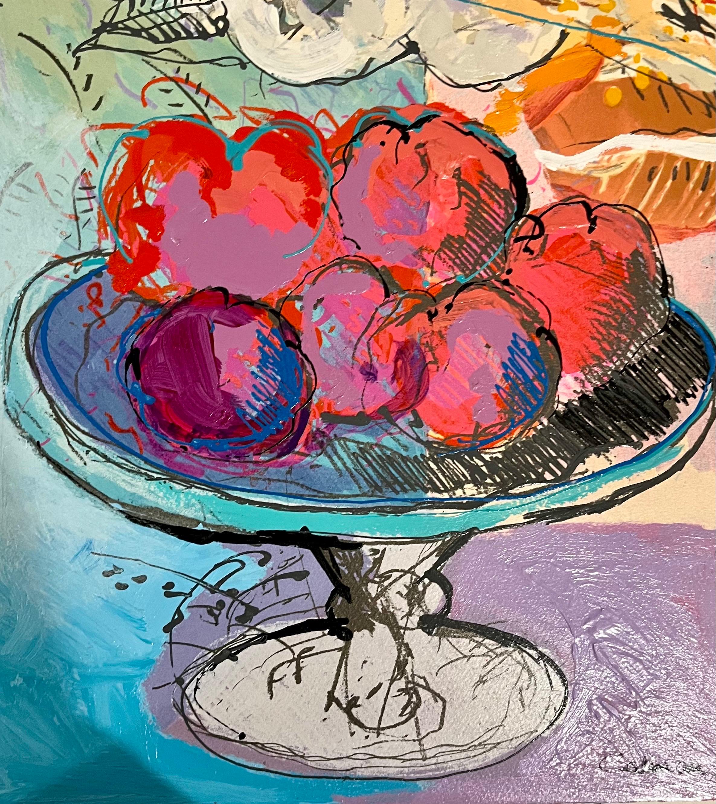 Único bodegón israelí modernista Pintura monoprint Calman Shemi Jarrón Flores en venta 2