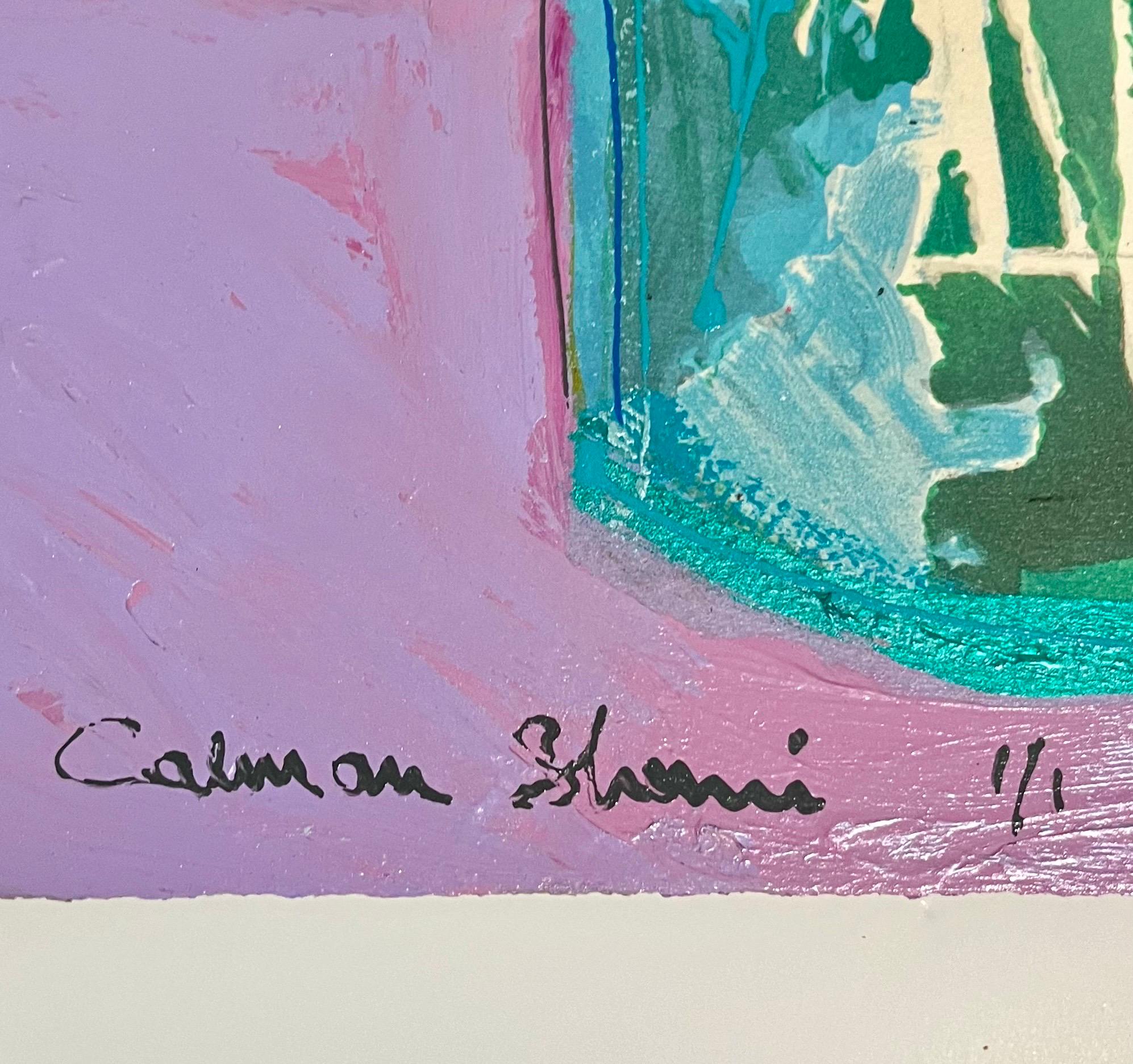 Único bodegón israelí modernista Pintura monoprint Calman Shemi Jarrón Flores en venta 4