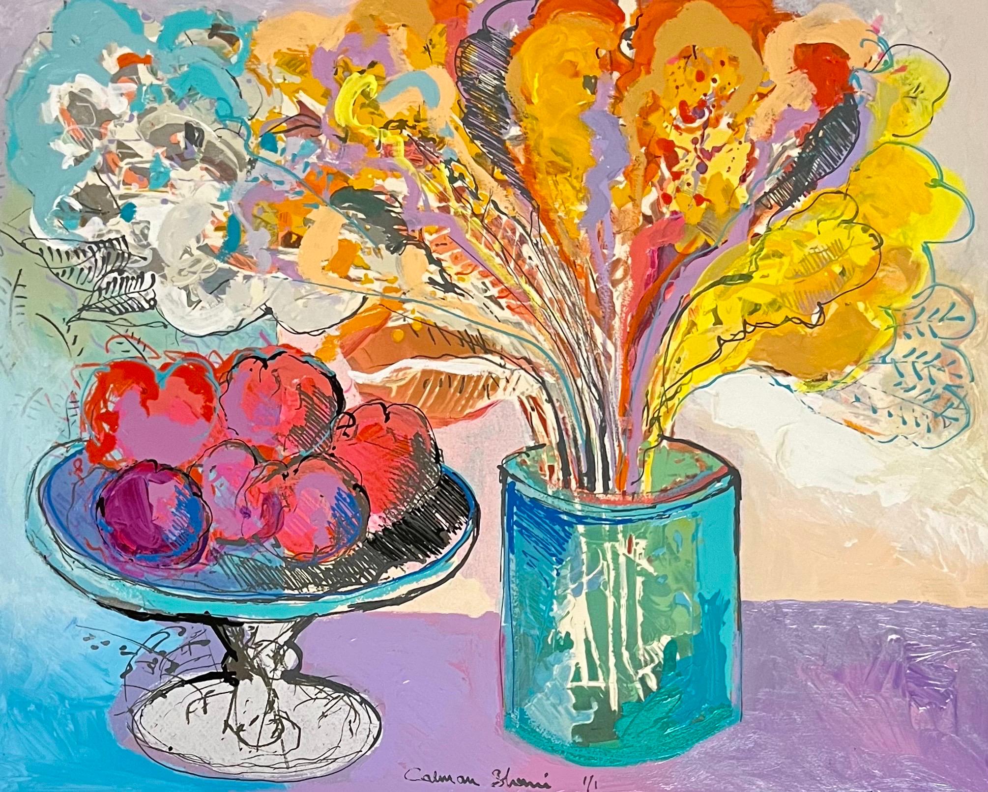 Único bodegón israelí modernista Pintura monoprint Calman Shemi Jarrón Flores