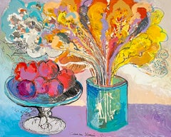 Unique Modernist Israeli Still Life Monoprint Painting Calman Shemi Vase Flowers