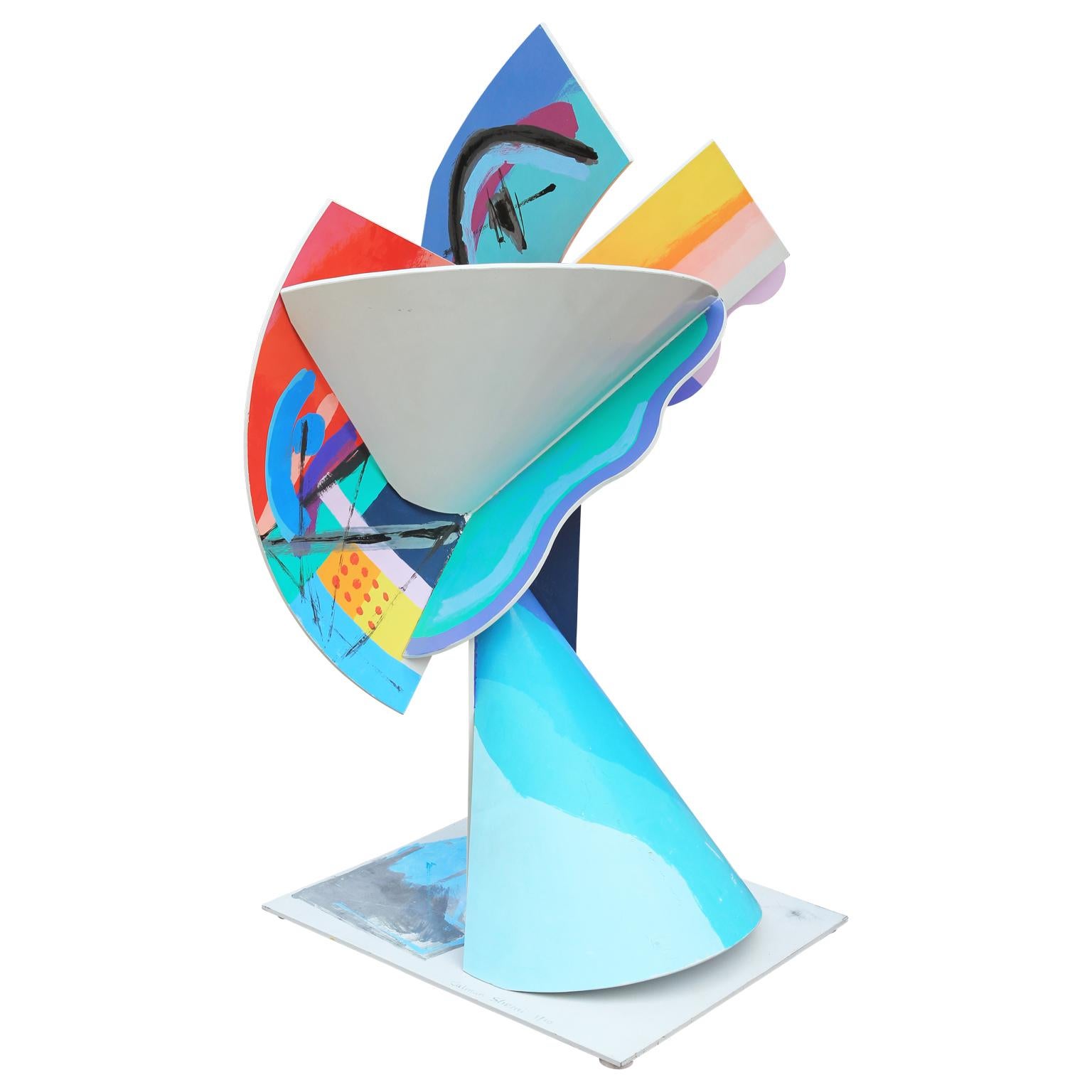 Colorful pastel abstract contemporary metal sculpture by Argentinian artist, Calman Shemi. This piece titled 