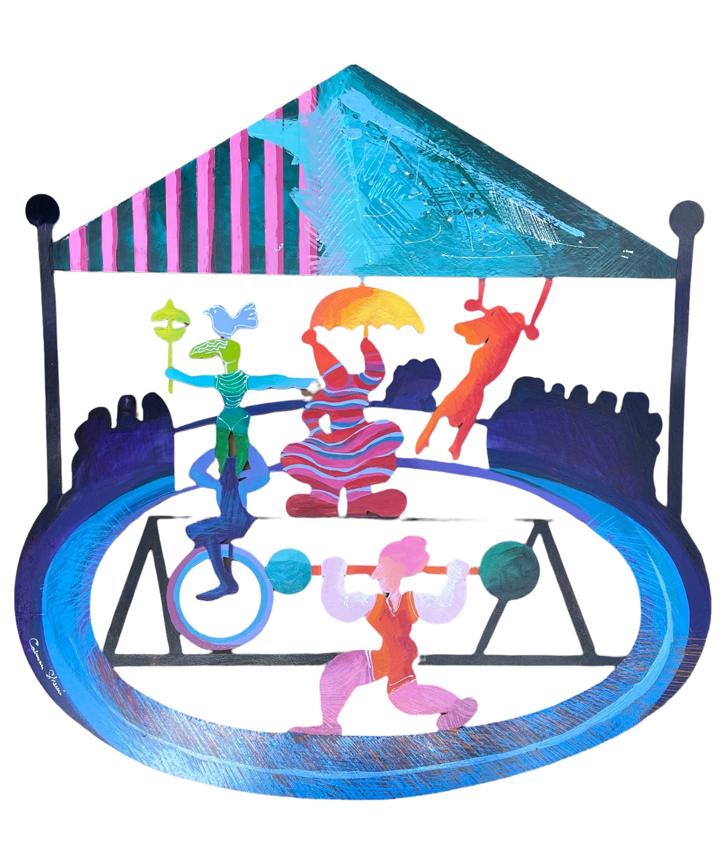 Grande sculpture murale israélienne en métal coloré peinture scène de cirque Calman Shemi en vente 1