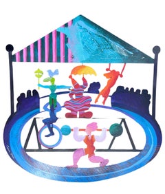 Large Israeli Colorful Metal Wall Sculpture Painting Circus Scene Calman Shemi