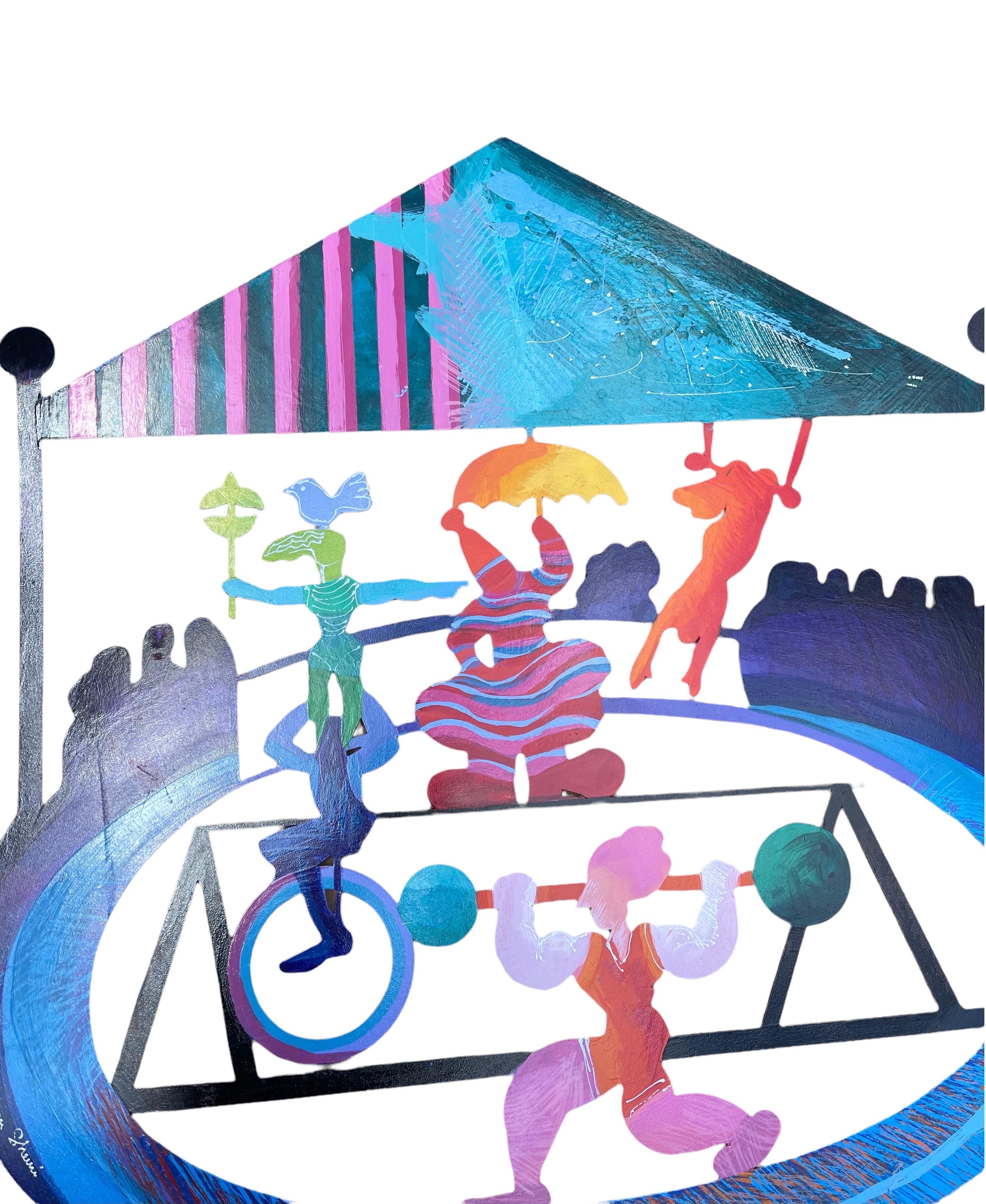 Gran Escultura de Pared Israelí de Metal de Colores Pintando una Escena de Circo Calman Shemi en venta 2