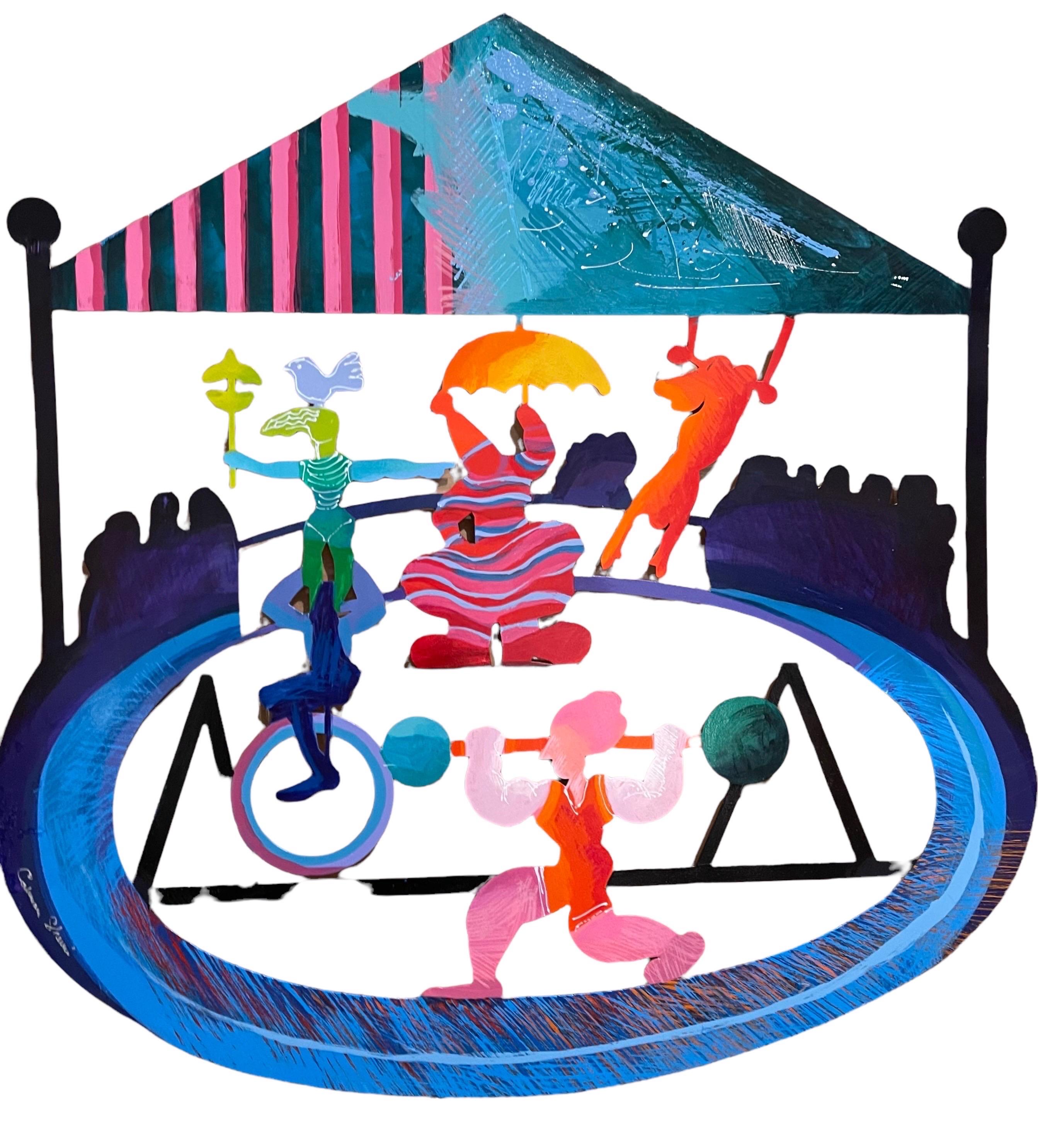 Gran Escultura de Pared Israelí de Metal de Colores Pintando una Escena de Circo Calman Shemi en venta 3