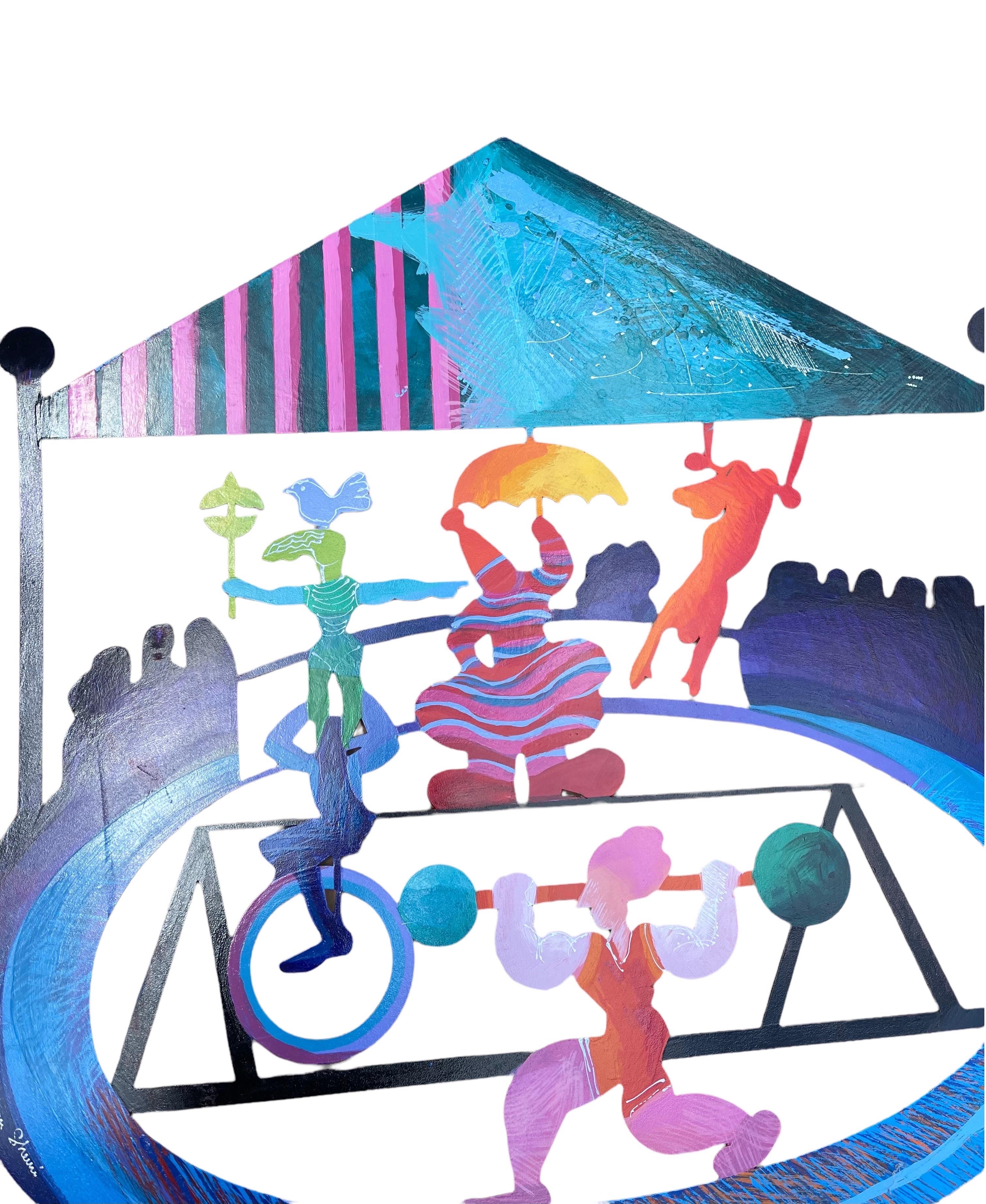 Large Israeli Colorful Metal Wall Sculpture Painting Circus Scene Calman Shemi For Sale 2