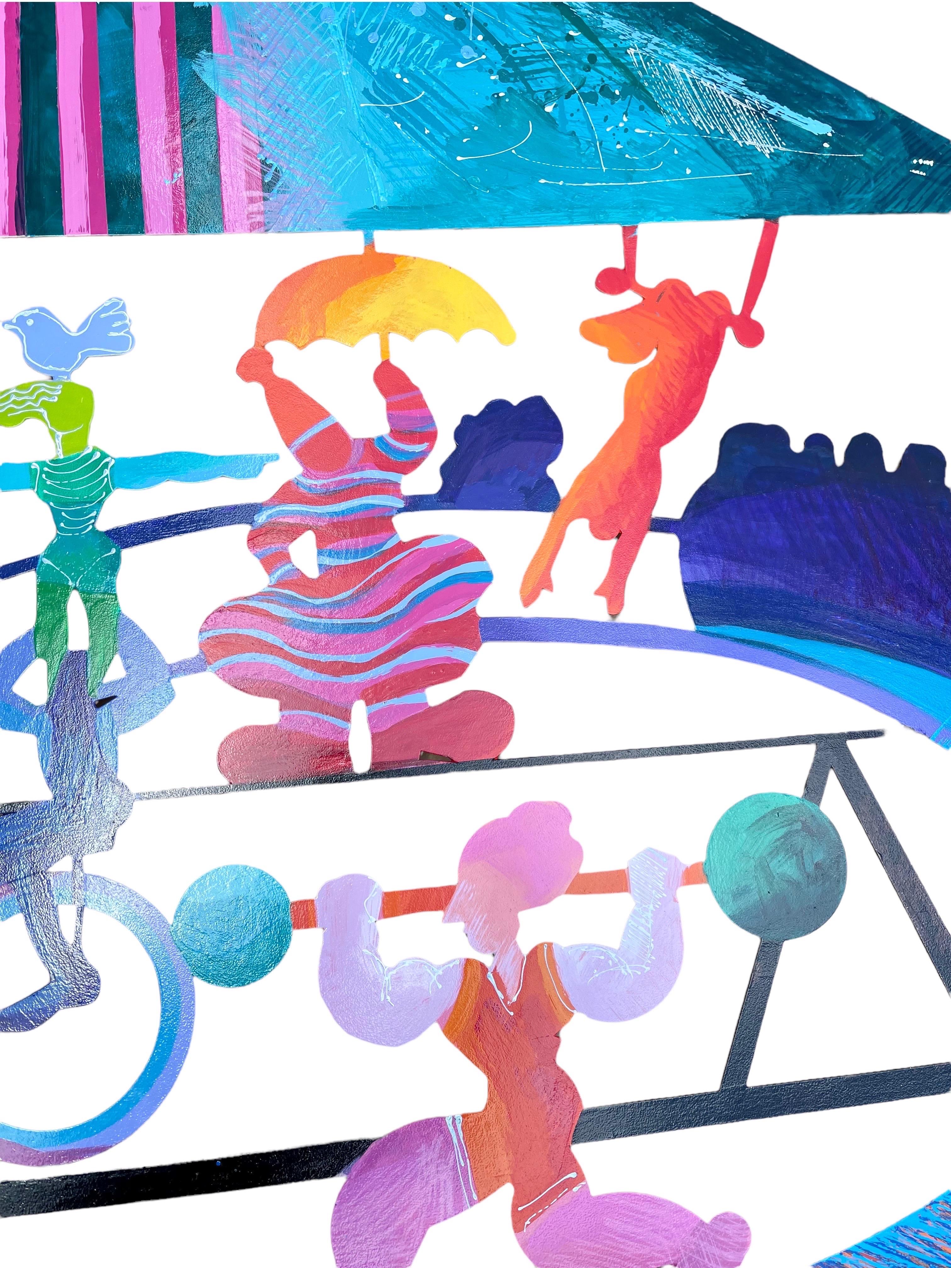 Grande sculpture murale israélienne en métal coloré peinture scène de cirque Calman Shemi en vente 8