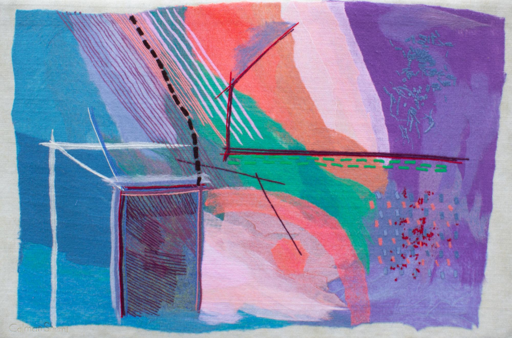 Ein Wandteppich mit weicher Malerei des argentinisch-israelischen Künstlers Calman Shemi (geboren 1939). Bei diesem Werk mit dem Titel Escape Through a Side Door #8 wird gefilztes Material in leuchtenden Farben verwendet, um Schichten von Formen mit