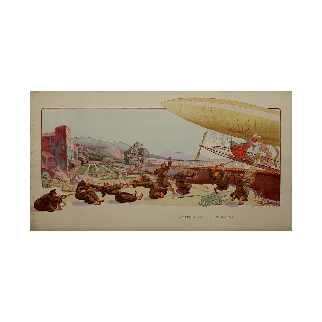 Affiche d'aviation originale de Calmont datant de 1910 intitulée L'atterrissage au couvent en vente 1