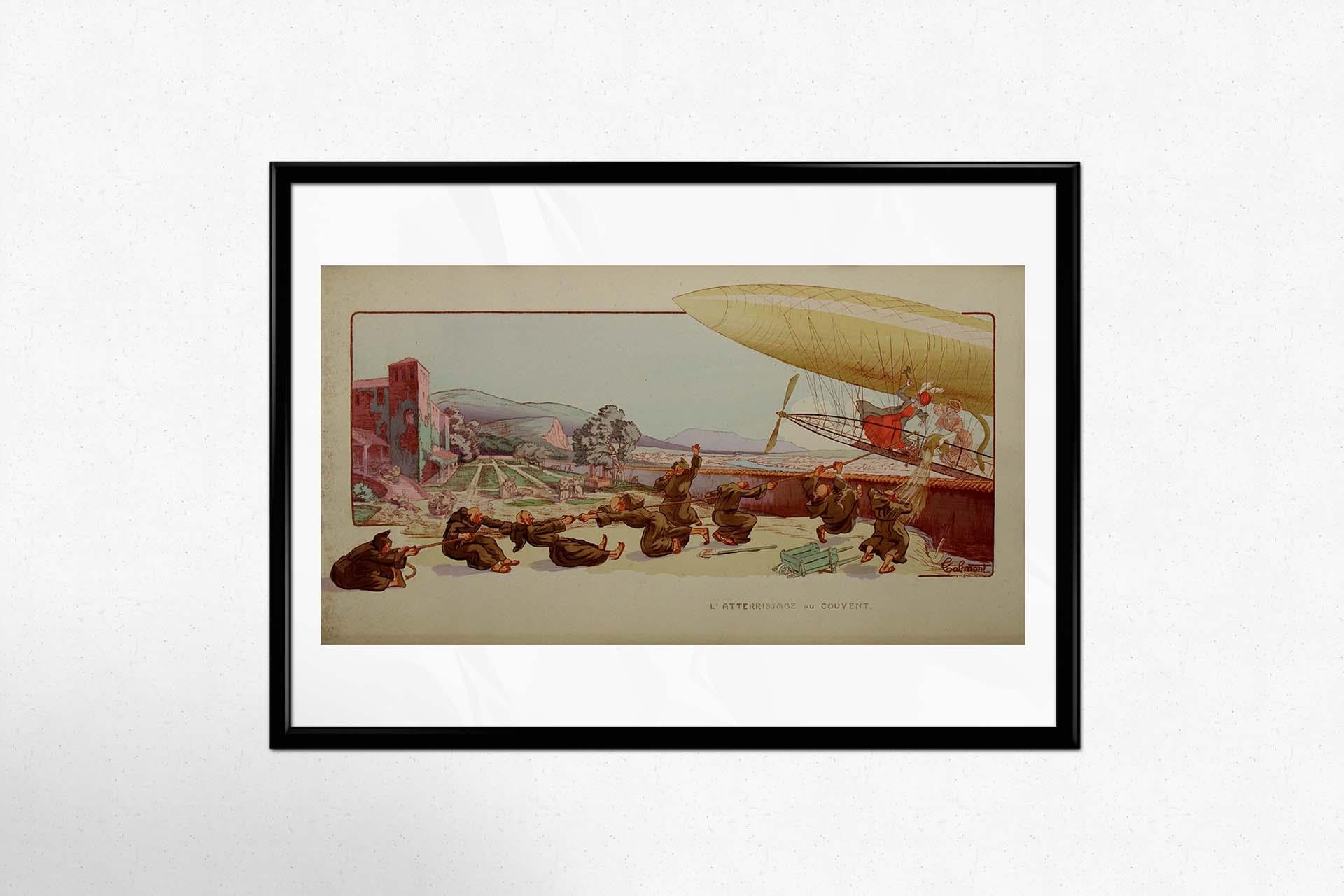 Affiche d'aviation originale de Calmont datant de 1910 intitulée L'atterrissage au couvent en vente 3