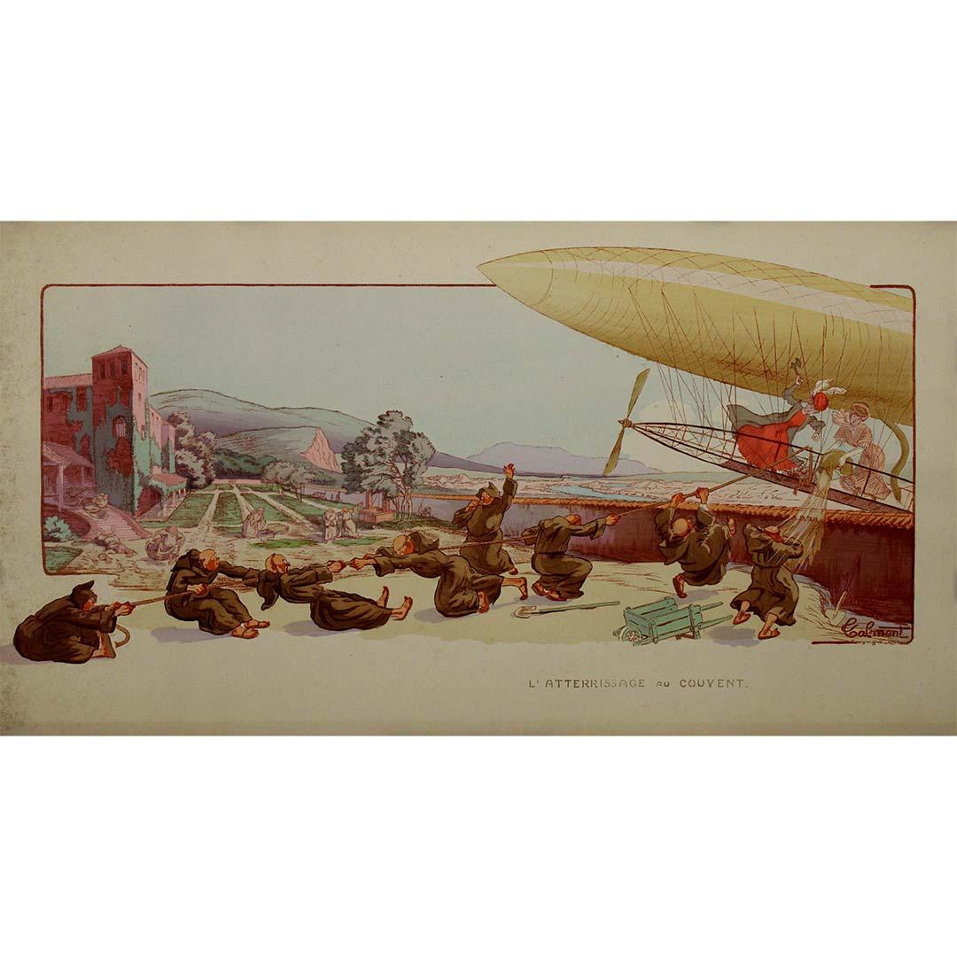 The circa 1910 original aviation poster by Calmont titled "L'atterrissage au couvent" is a captivating piece that captures the excitement and novelty of aviation during the early 20th century. Created during a time when aviation was still in its
