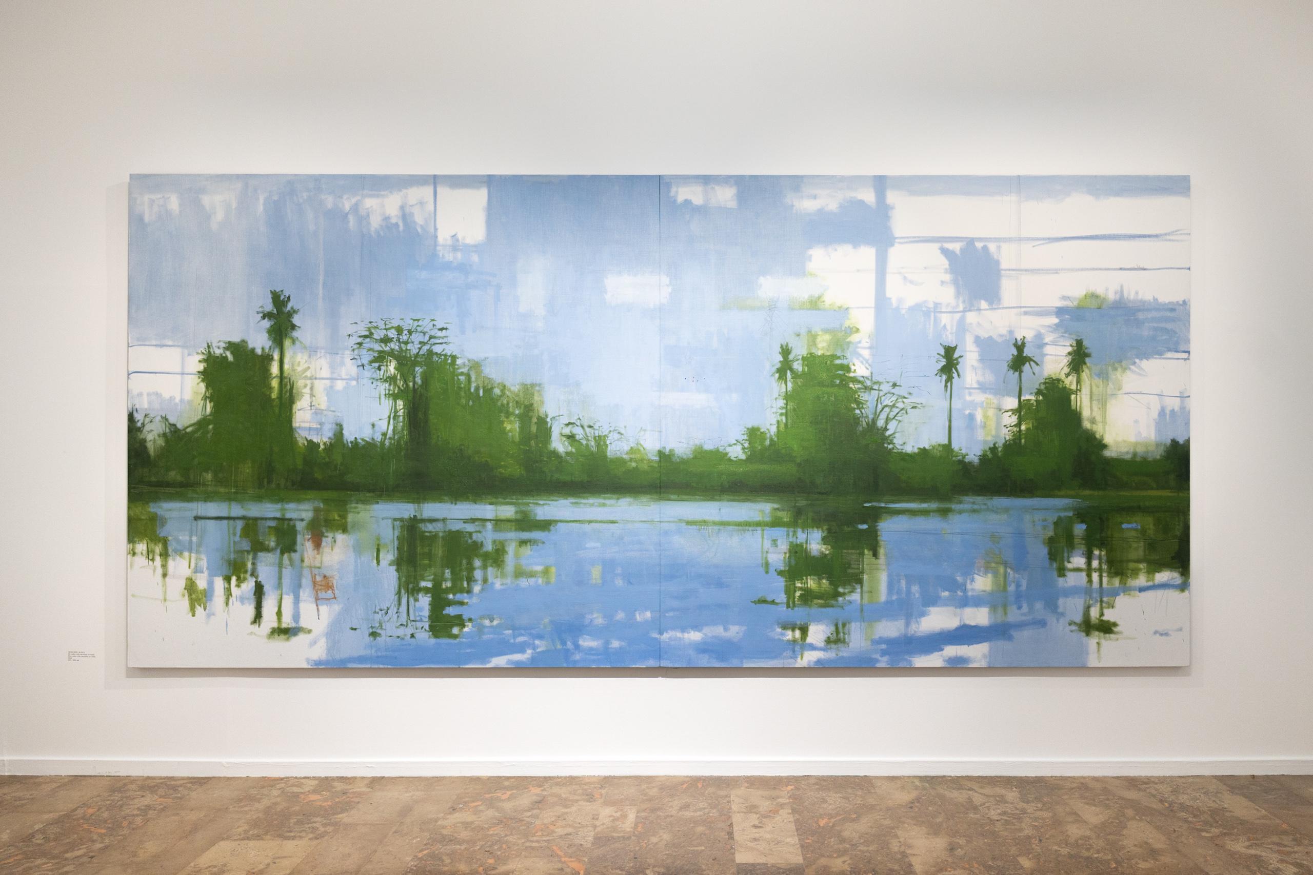 02/10/2023, 4:20pm by Calo Carratalá - Large waterscape painting, Senegal, palms For Sale 1
