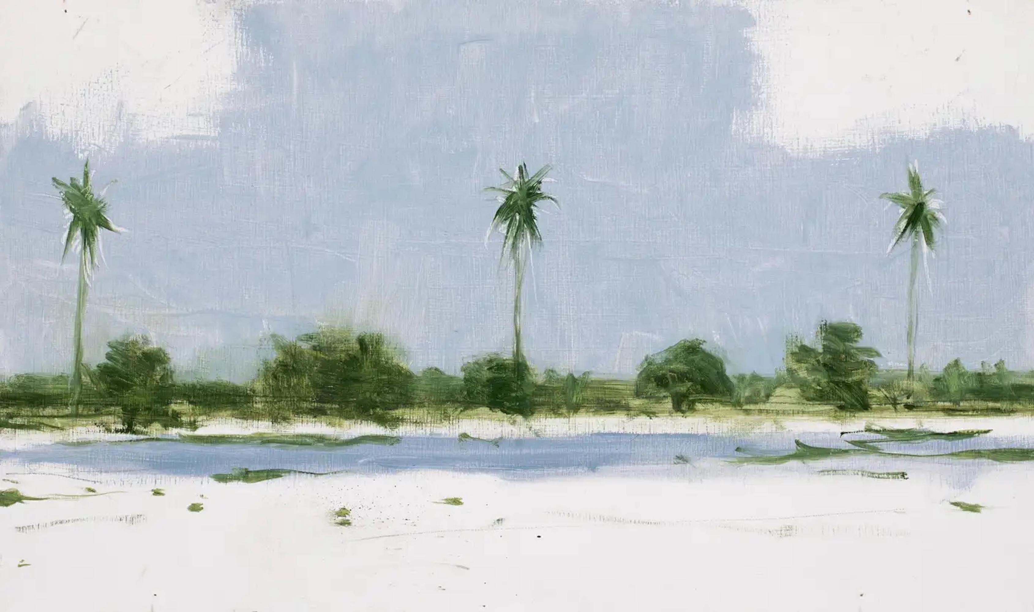 10/02/2023, 12.22h by Calo Carratalá - Small waterscape painting, Senegal, palms