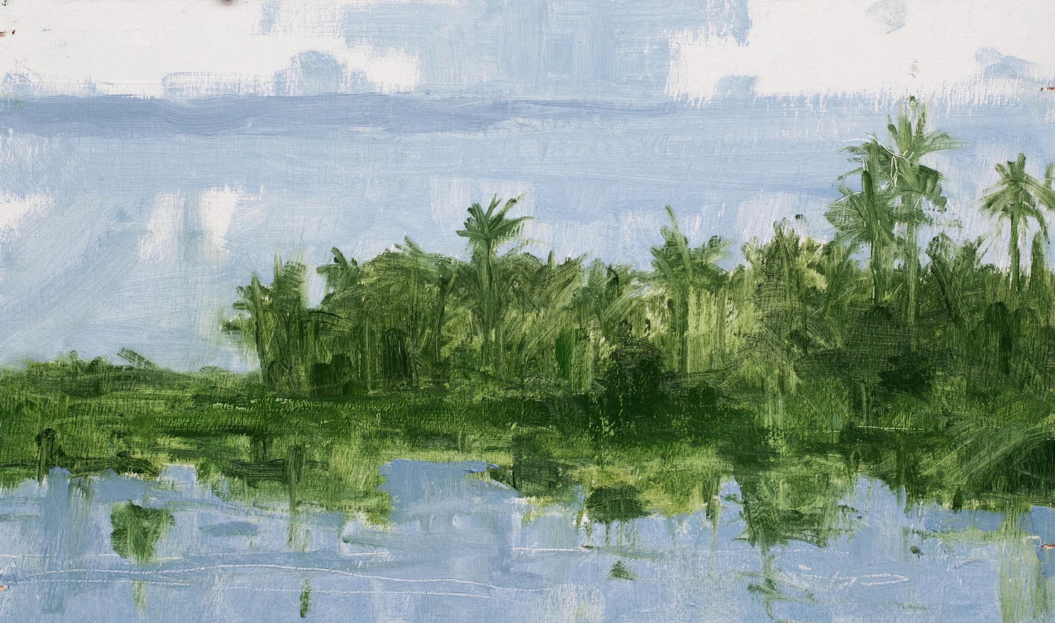 11/02/2023, 16.56h by Calo Carratalá - Small waterscape painting, Senegal, palms