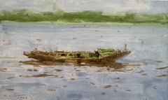 21/01/2023, 10.15h by Calo Carratalá - Small waterscape painting, Senegal, boat