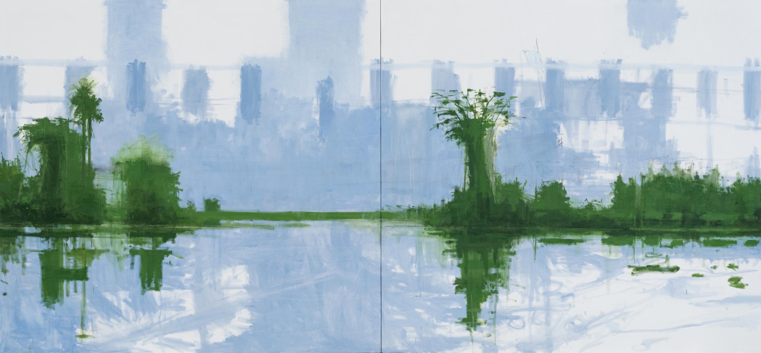 9/02/2023, 17.10h is a unique oil on canvas diptych painting by Spanish contemporary artist Calo Carratalá, composed of two panels of equal size. 
Total dimensions: 230 × 496 cm (90.6 × 195.3 in). 
The artwork is signed, sold unframed and comes with