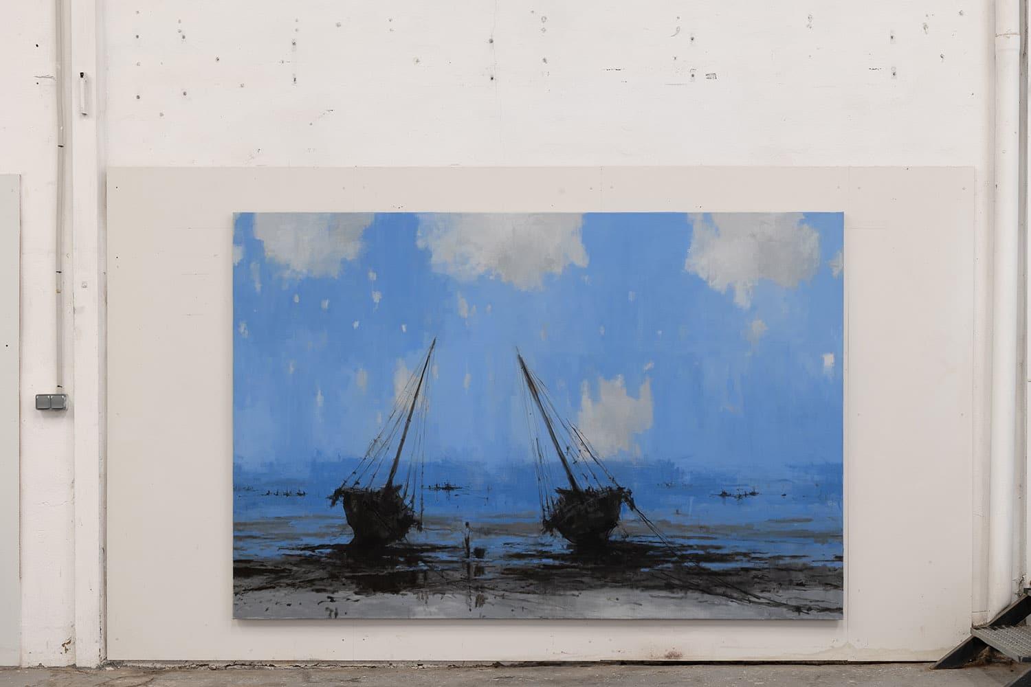 Bagamoyo by Calo Carratalá - Seascape painting, blue colours, boats, blue, black For Sale 1