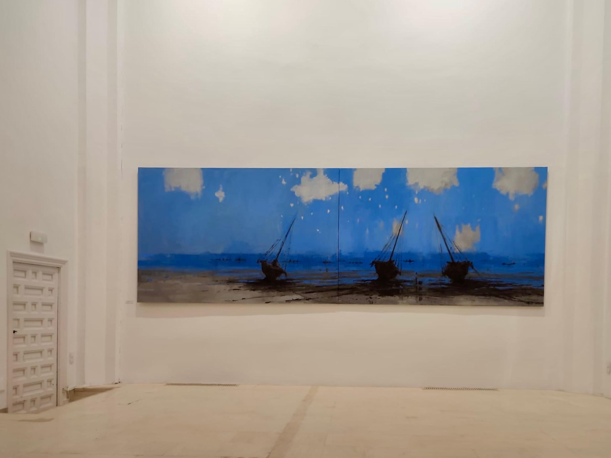 Bagamoyo by Calo Carratalá - Seascape painting, blue colours, boats, blue, black For Sale 3