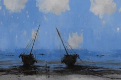 Bagamoyo par Calo Carratalá - Peinture de paysage marin, couleurs bleues, bateaux, bleu, noir