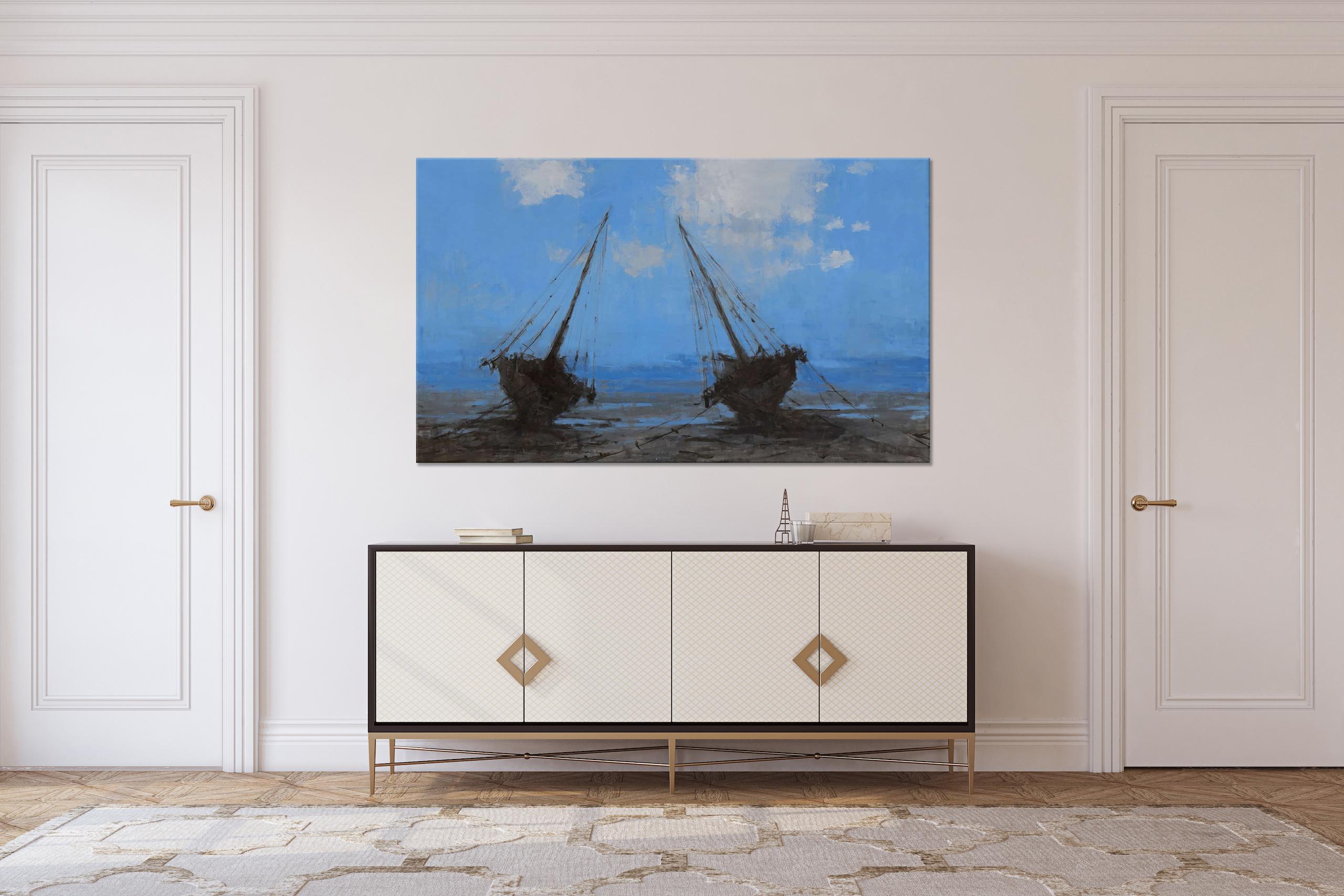 Barcas en Bagamoyo II by Calo Carratalá - Seascape painting, blue colours, boats For Sale 1