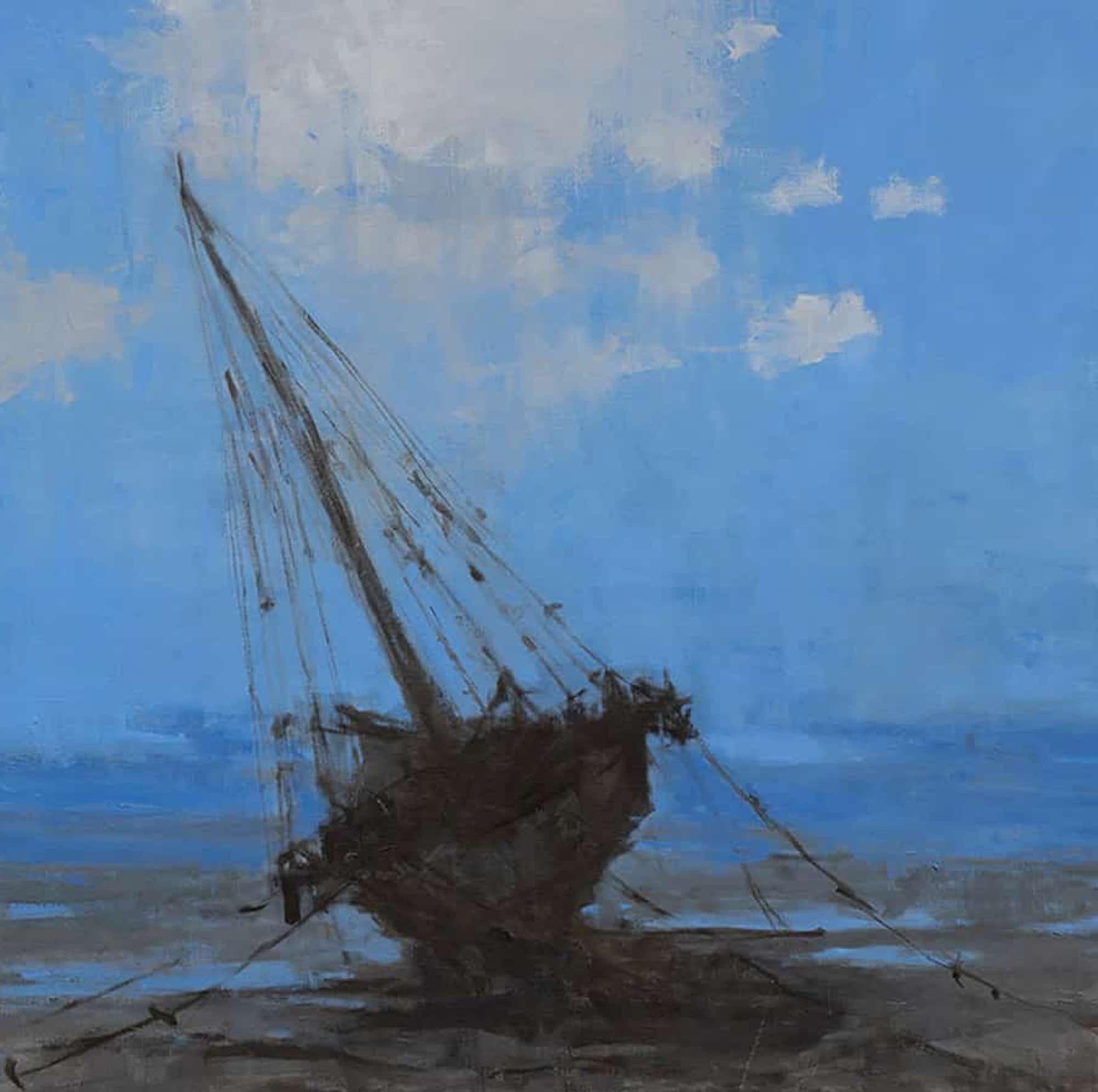 Barcas en Bagamoyo II par Calo Carratalá - Peinture marine, couleurs bleues, bateaux en vente 3