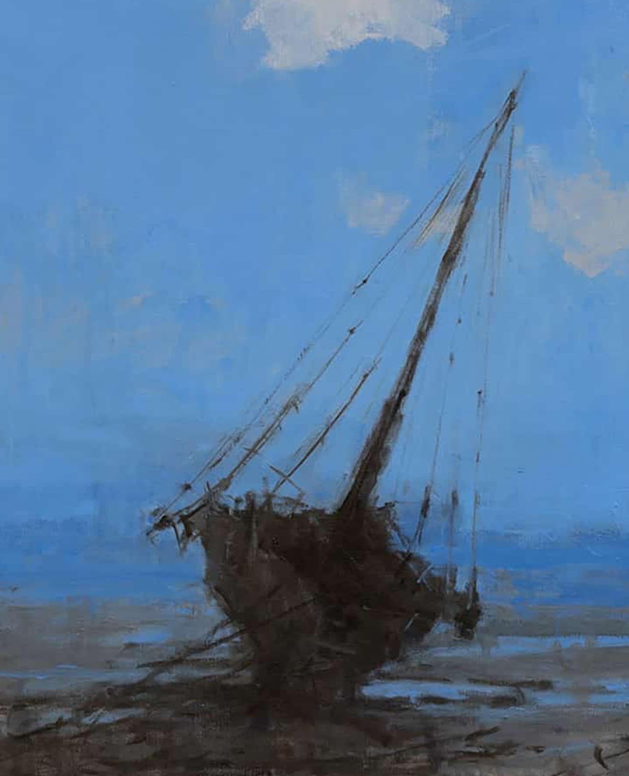 Barcas en Bagamoyo II par Calo Carratalá - Peinture marine, couleurs bleues, bateaux en vente 4
