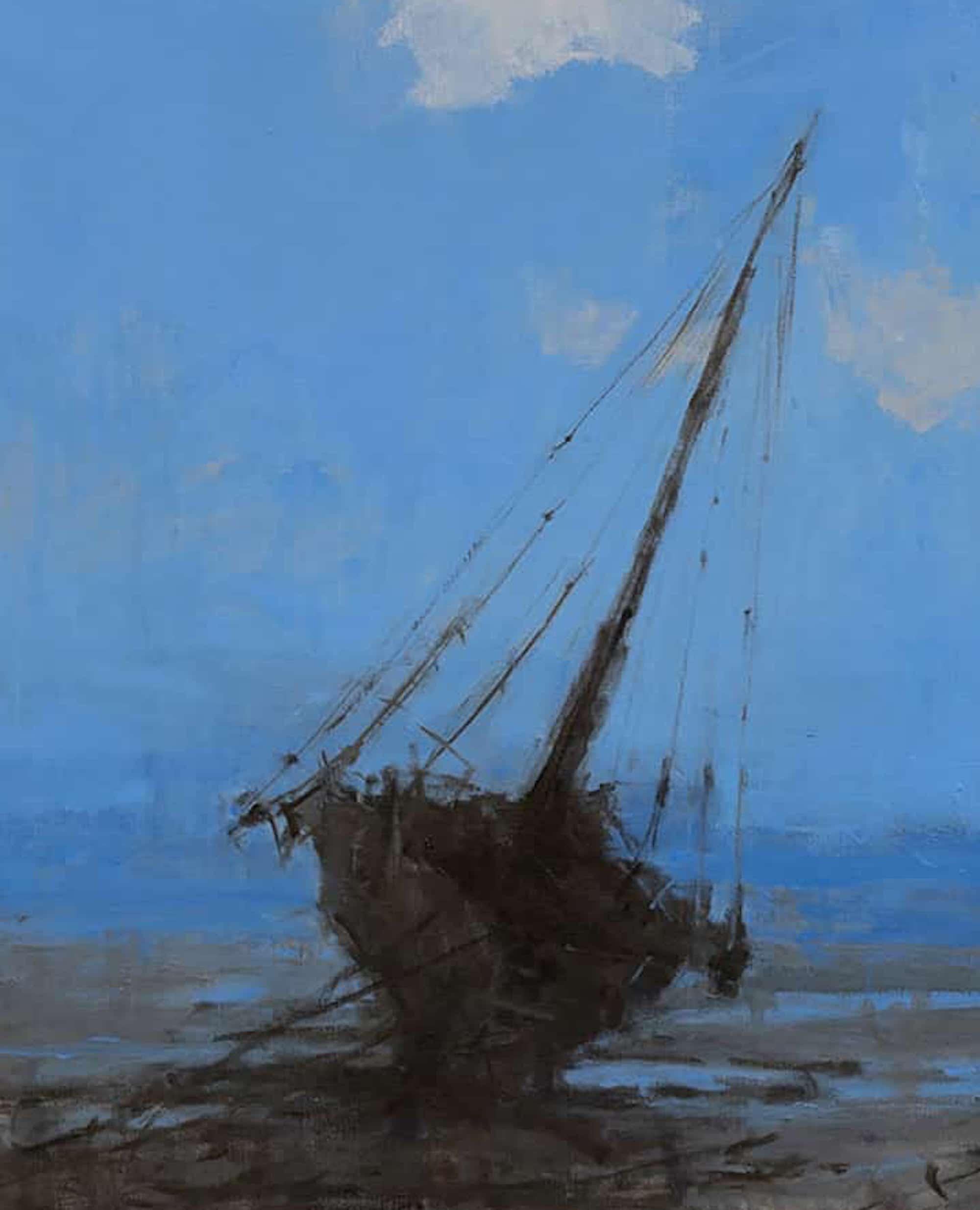 Barcas en Bagamoyo II von Calo Carratalá - Meereslandschaft, blaue Farben, Boote im Angebot 4