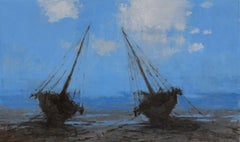 Barcas en Bagamoyo II by Calo Carratalá - Seascape painting, blue colours, boats