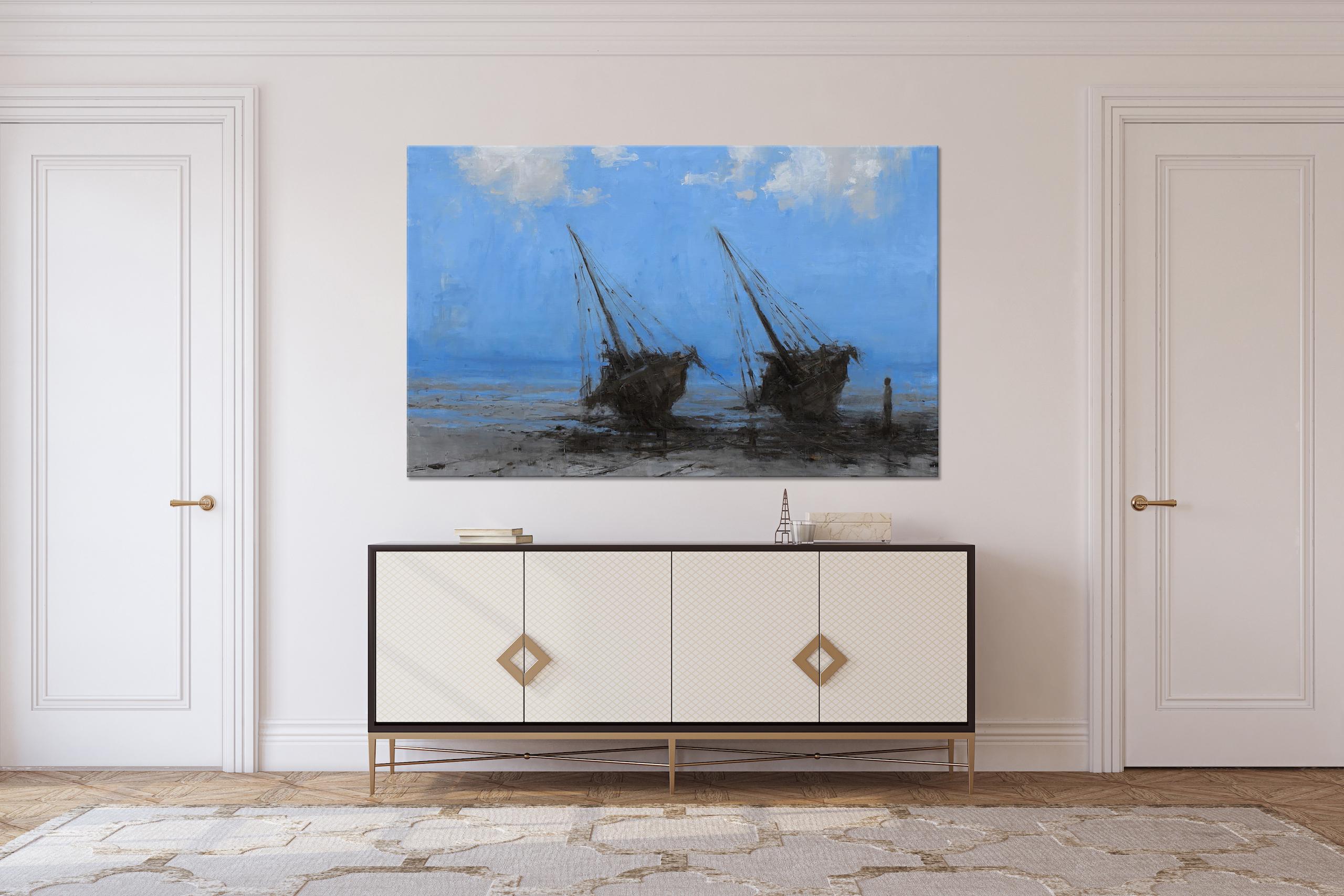 Barcas en Bagamoyo IV par Calo Carratalá - Peinture marine, couleurs bleues, bateaux en vente 1