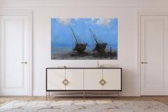 Barcas en Bagamoyo IV by Calo Carratalá - Meereslandschaft, blaue Farben, Boote