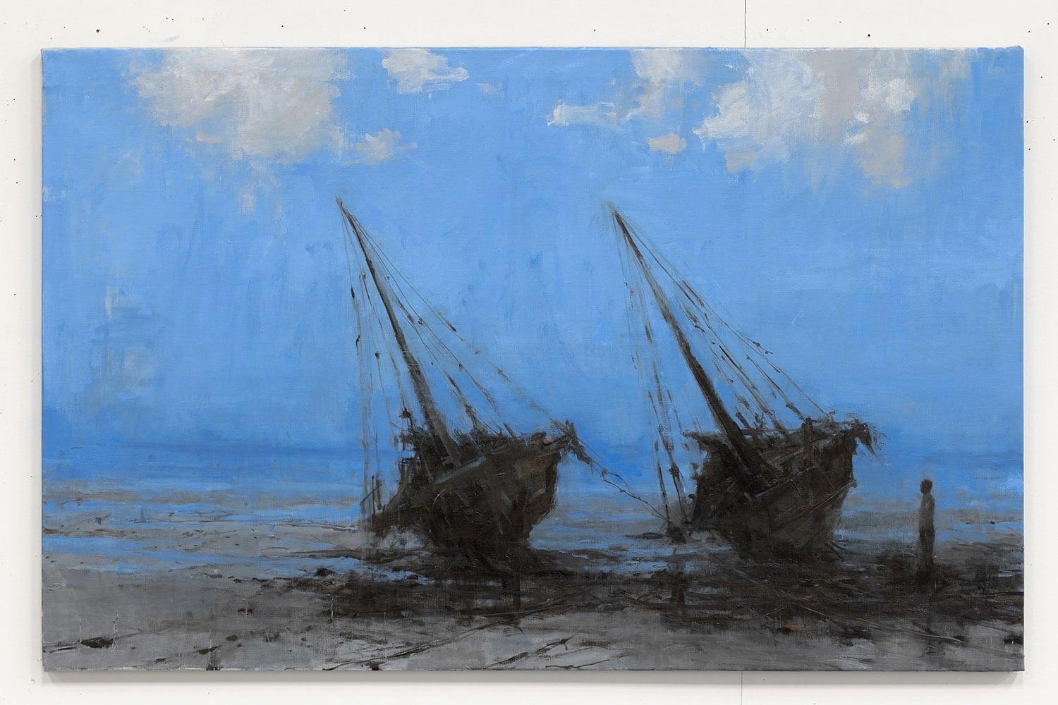 Barcas en Bagamoyo IV by Calo Carratalá - Seascape painting, blue colours, boats For Sale 2