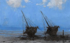 Barcas en Bagamoyo IV by Calo Carratalá - Seascape painting, blue colours, boats