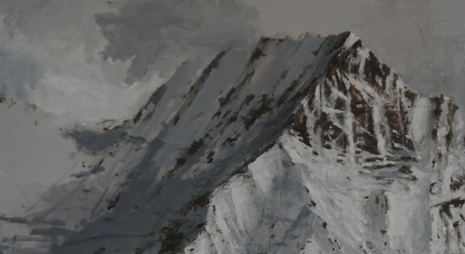 Benasque 1 by Calo Carratalá - Landscape painting, snowy mountain, winter, grey For Sale 2