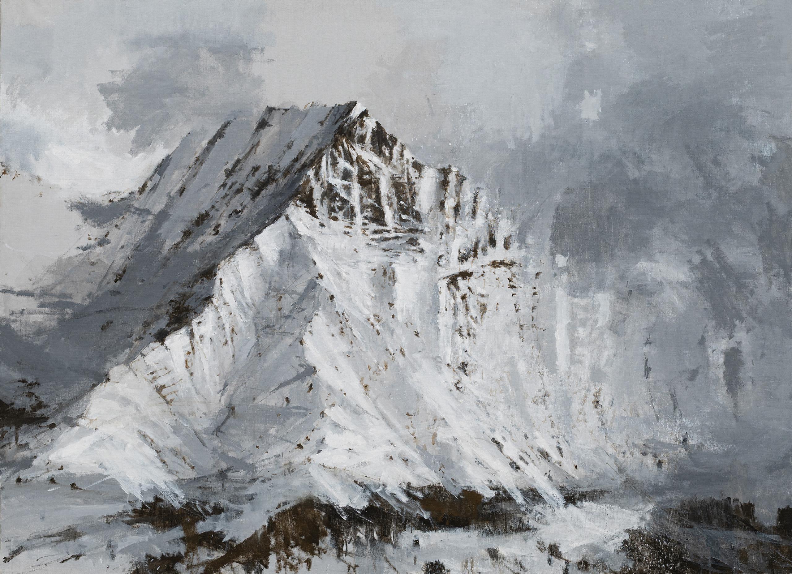 Benasque 1 von Calo Carratalá - Landschaftsgemälde, verschneiter Berg, Winter, grau