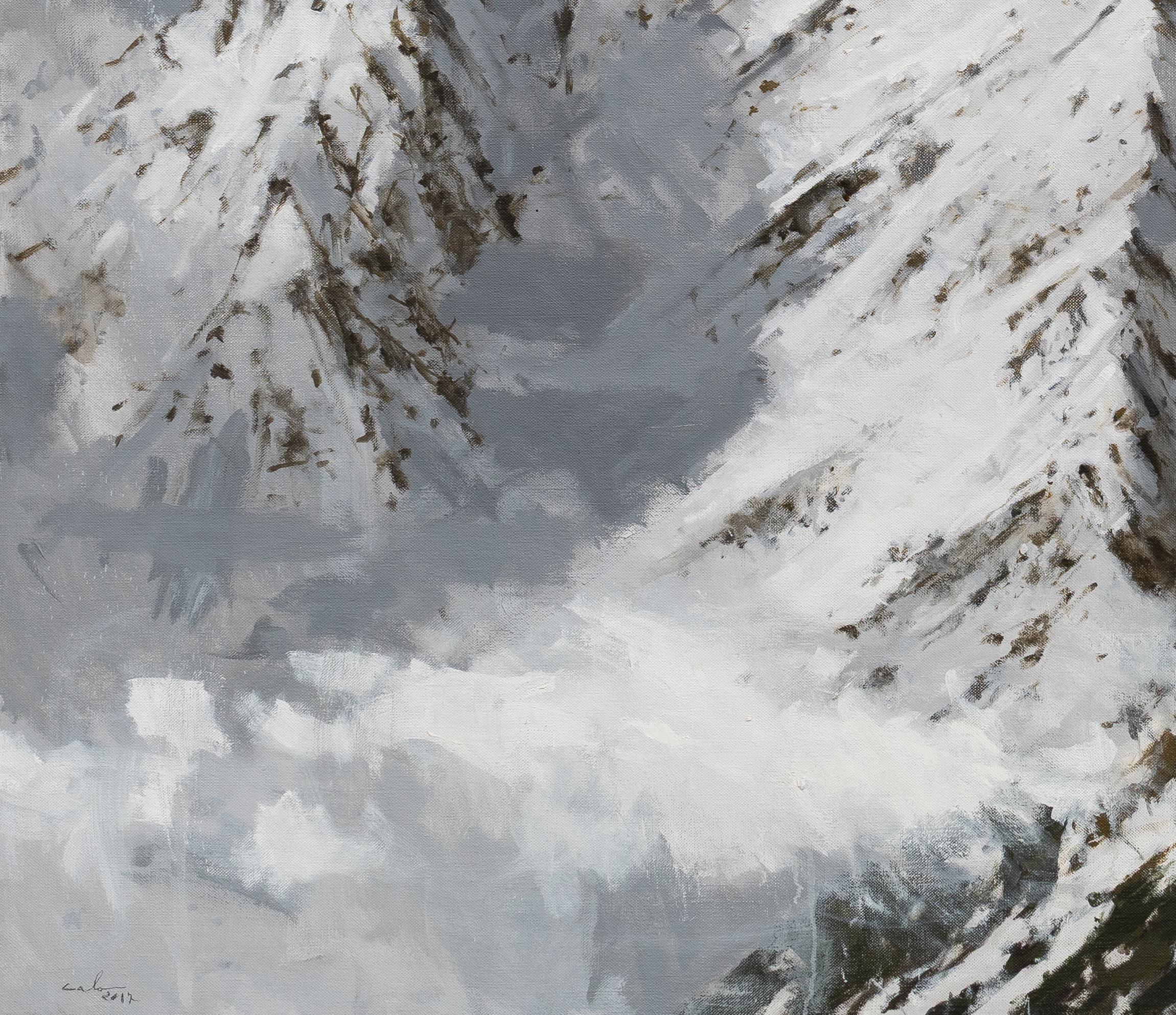 Benasque 2 (Snow series) is a painting by Spanish contemporary artist Calo Carratalá. Oil on canvas, 160 x 200 cm.
This work of art represents a mountainous winter landscape in the Pyrenean valley of Bénasque. This high mountain peak, imposing and