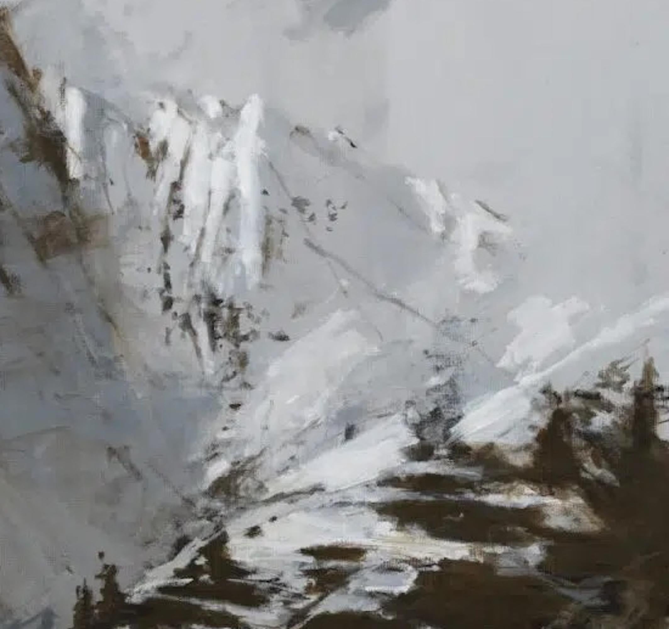 Benasque 3 von C. Carratalá - großes Gemälde, Berglandschaft, Schnee (Grau), Figurative Painting, von Calo Carratalá