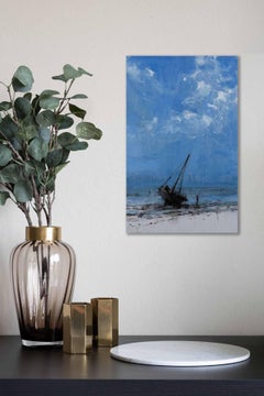 Boat in Dar Es Salaam I- Landscape Painting, seascape, Tanzania, boat, sky, blue