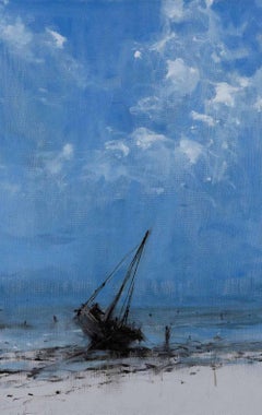 Boat in Dar Es Salaam I- Landscape Painting, seascape, Tanzania, boat, sky, blue
