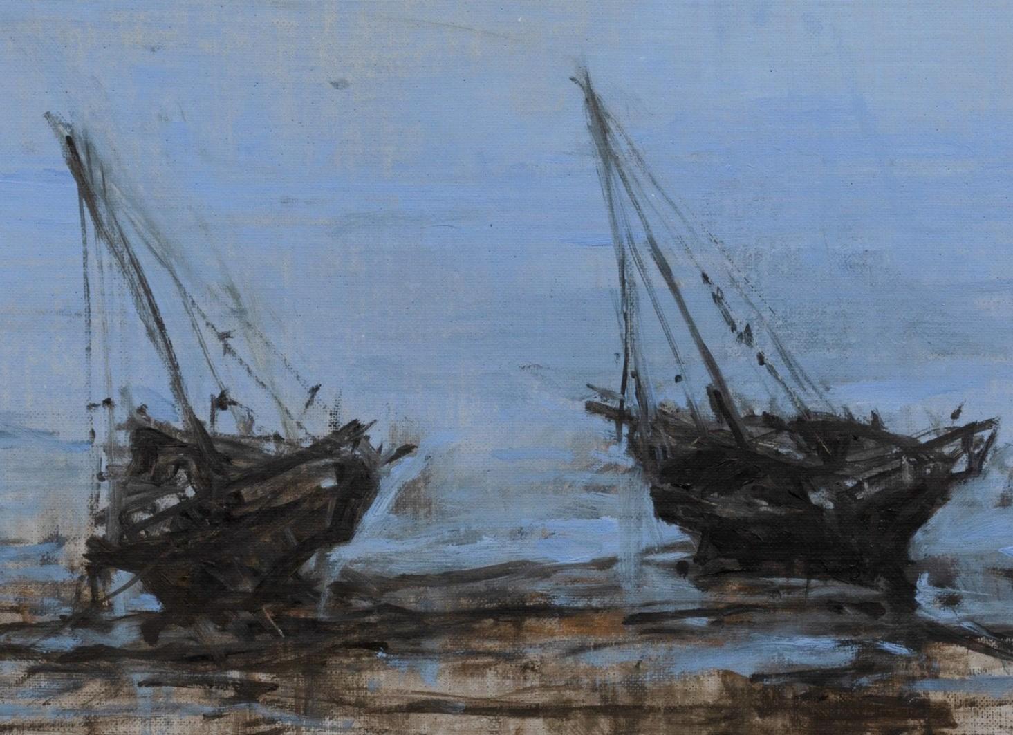 Boat in Dar es Salam n°2 by Calo Carratalá - Seascape painting, blue, oil paint For Sale 3