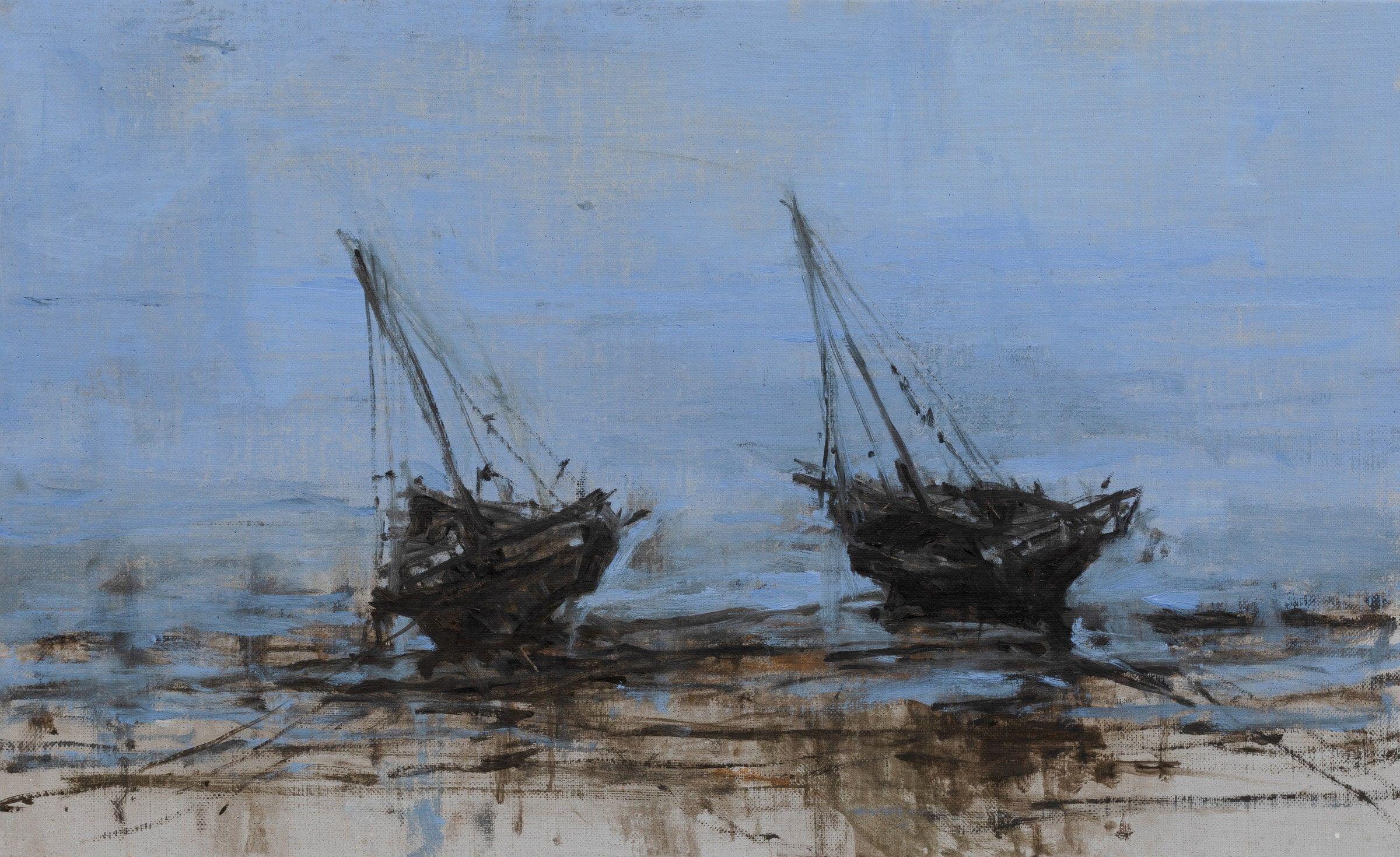 Boat in Dar es Salam n°2 is a unique oil on canvas painting by Spanish contemporary artist Calo Carratalá, dimensions are 36 × 59 cm (14.2 × 23.2 in). 
The artwork is signed and comes with a certificate of authenticity.

Contemporary painter Calo