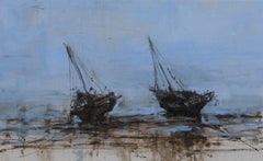 Boat in Dar es Salam n°2 by Calo Carratalá - Seascape painting, blue, oil paint