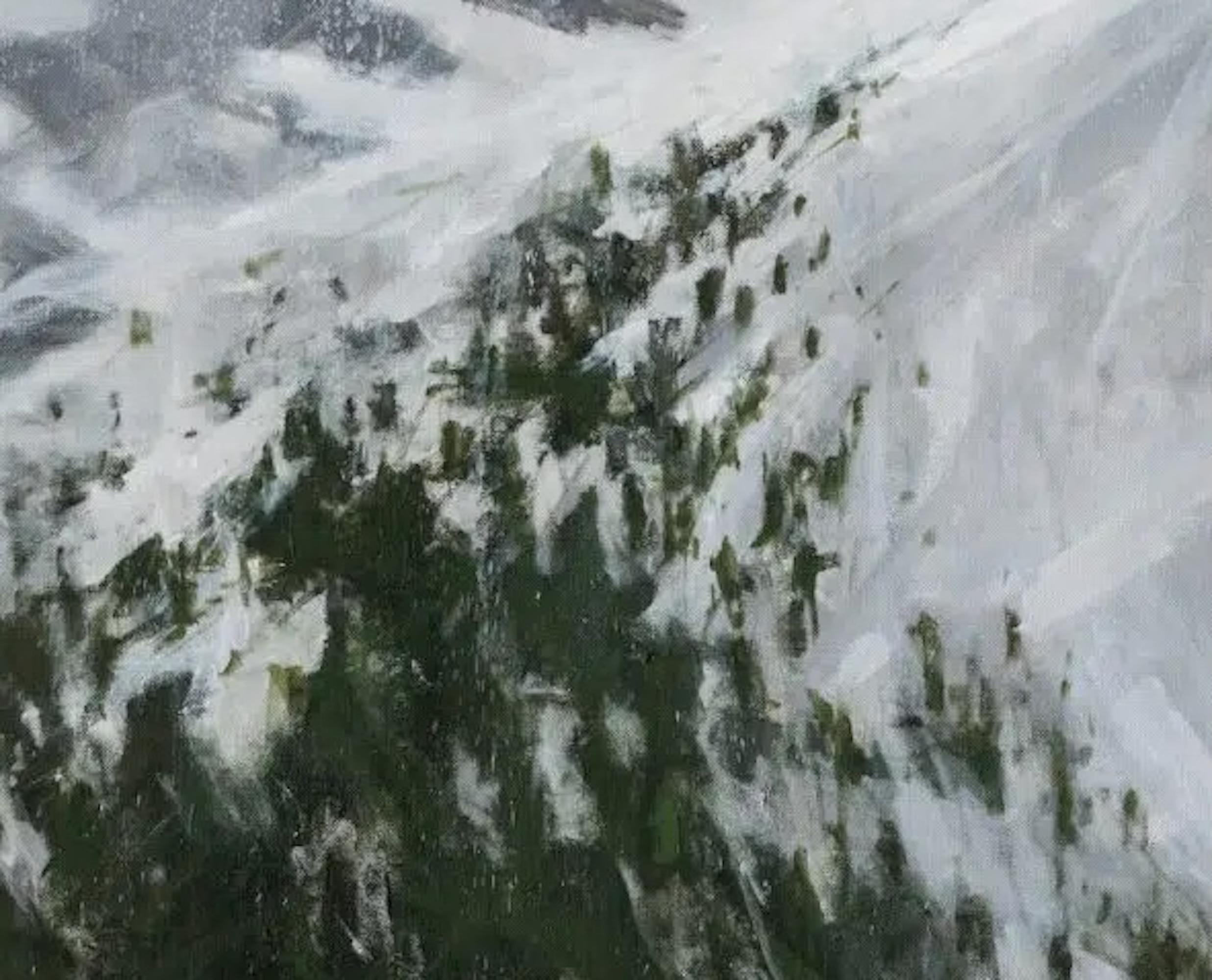 Canfranc von C. Carratalá - Großformatiges Gemälde, Berglandschaft, Schnee – Painting von Calo Carratalá