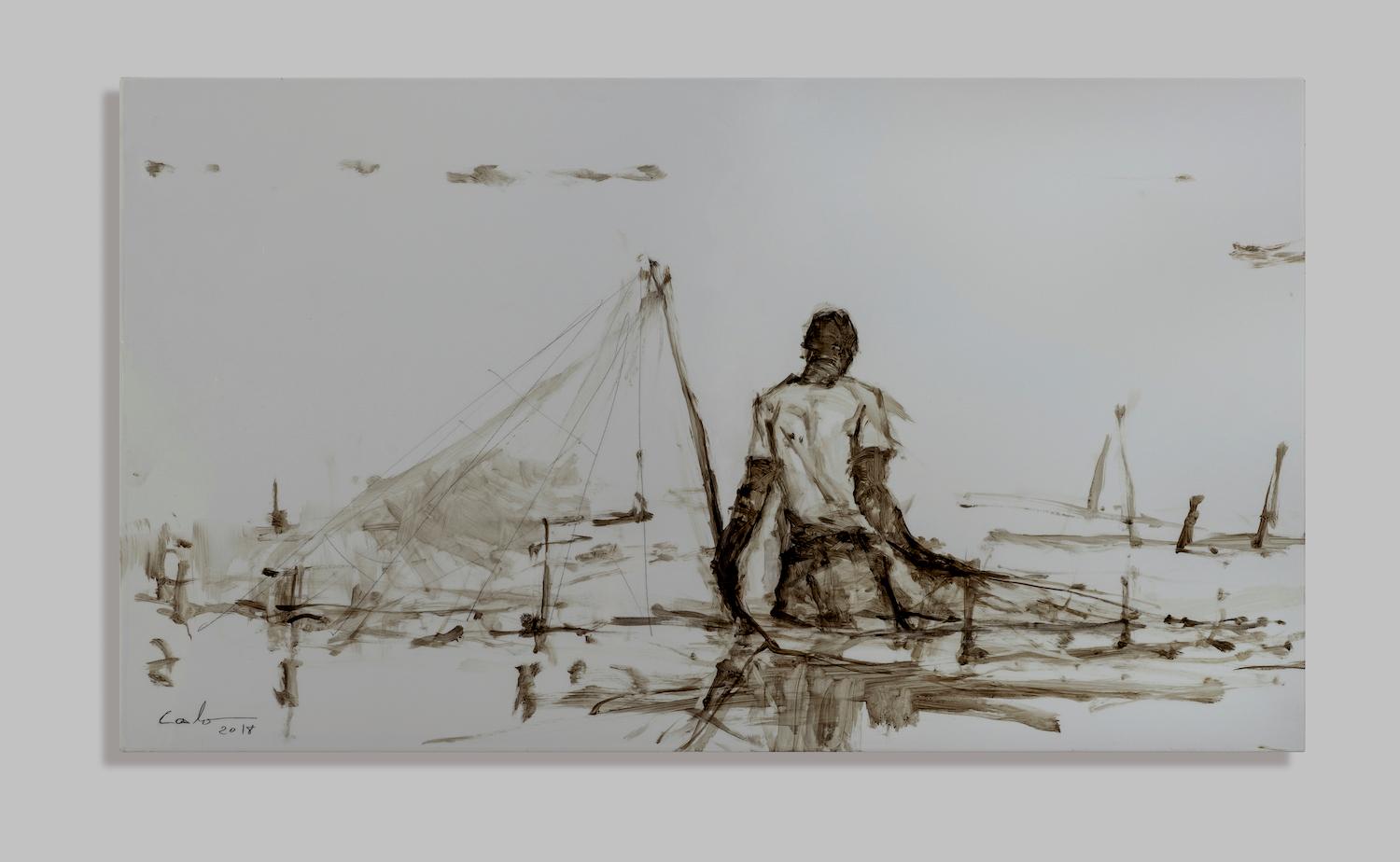 Calo Carratalá Portrait Painting - Fisherman V, Tanzania series - Acrylic on iron painting
