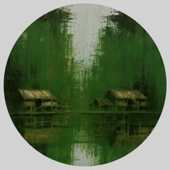 Green Iron Jungles N3 by Calo Carratalá - round painting, landscape, green