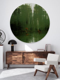 Green Iron Jungles N5 by Calo Carratalá - Tondo painting, landscape, boat, tree