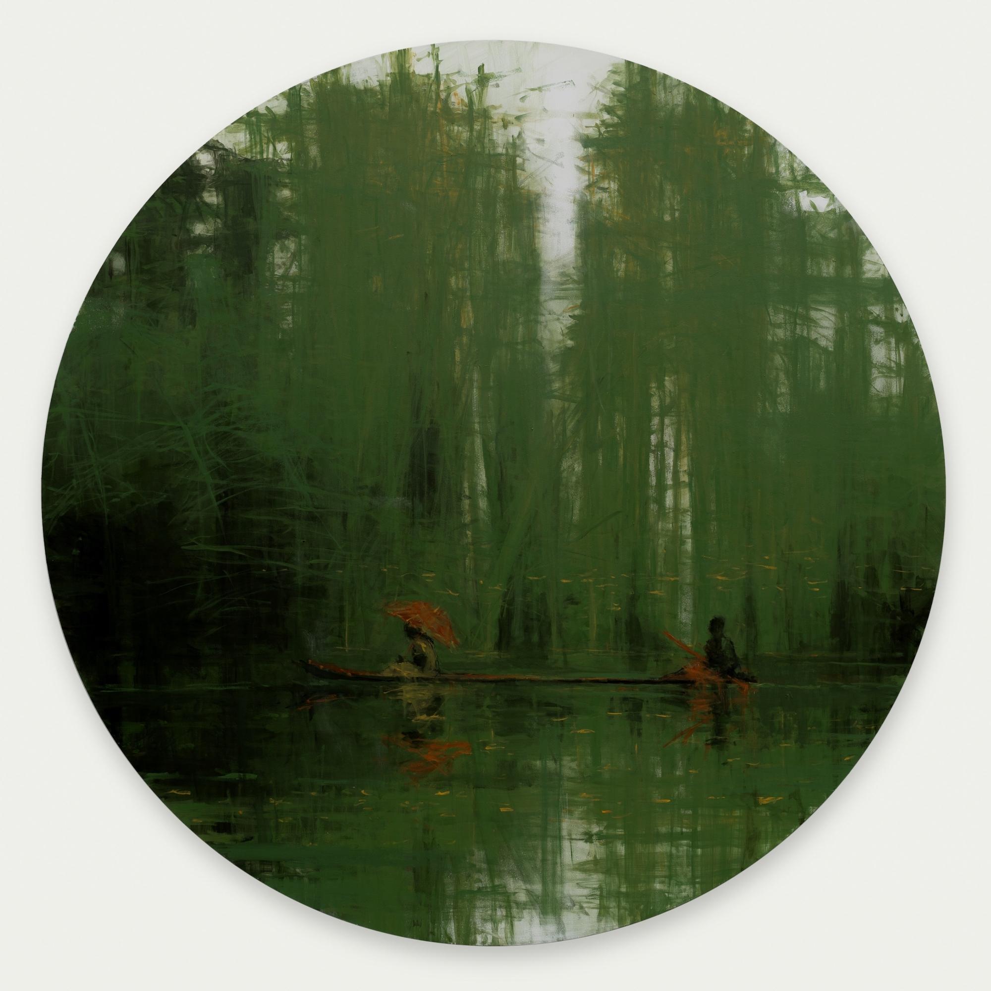 Greene & Greene Jungles N5 di Calo Carratalá - Tondo pittura, paesaggio, barca, albero