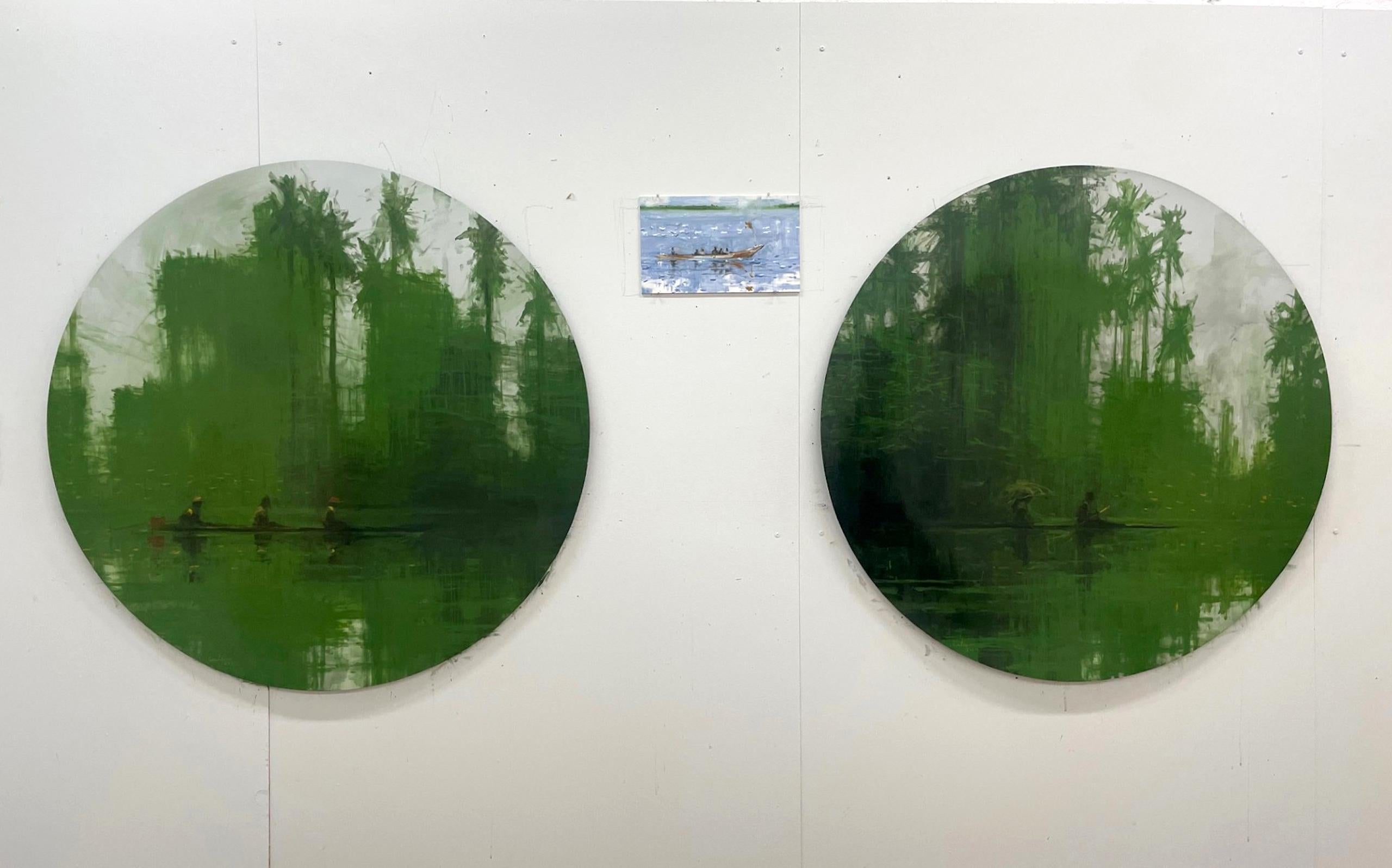 Green Iron Jungles N7 by Calo Carratalá - Tondo painting, landscape, green, tree im Angebot 17